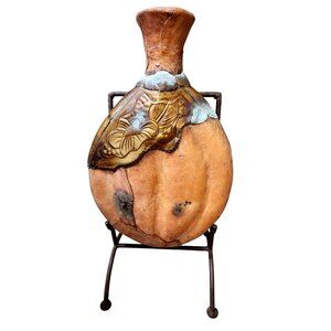 Vintage Handcrafted Leather & Metal Decorative Flask With Floral Embossing